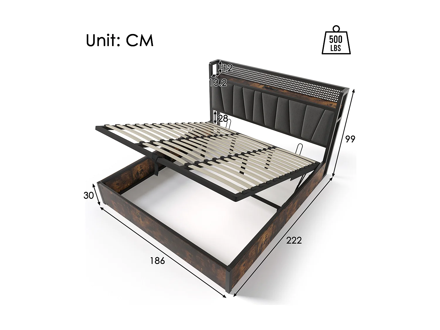 Lit coffre adulte 180 x 200 cm - App Control LEDs  + USB - bois + lin - style industriel - gris