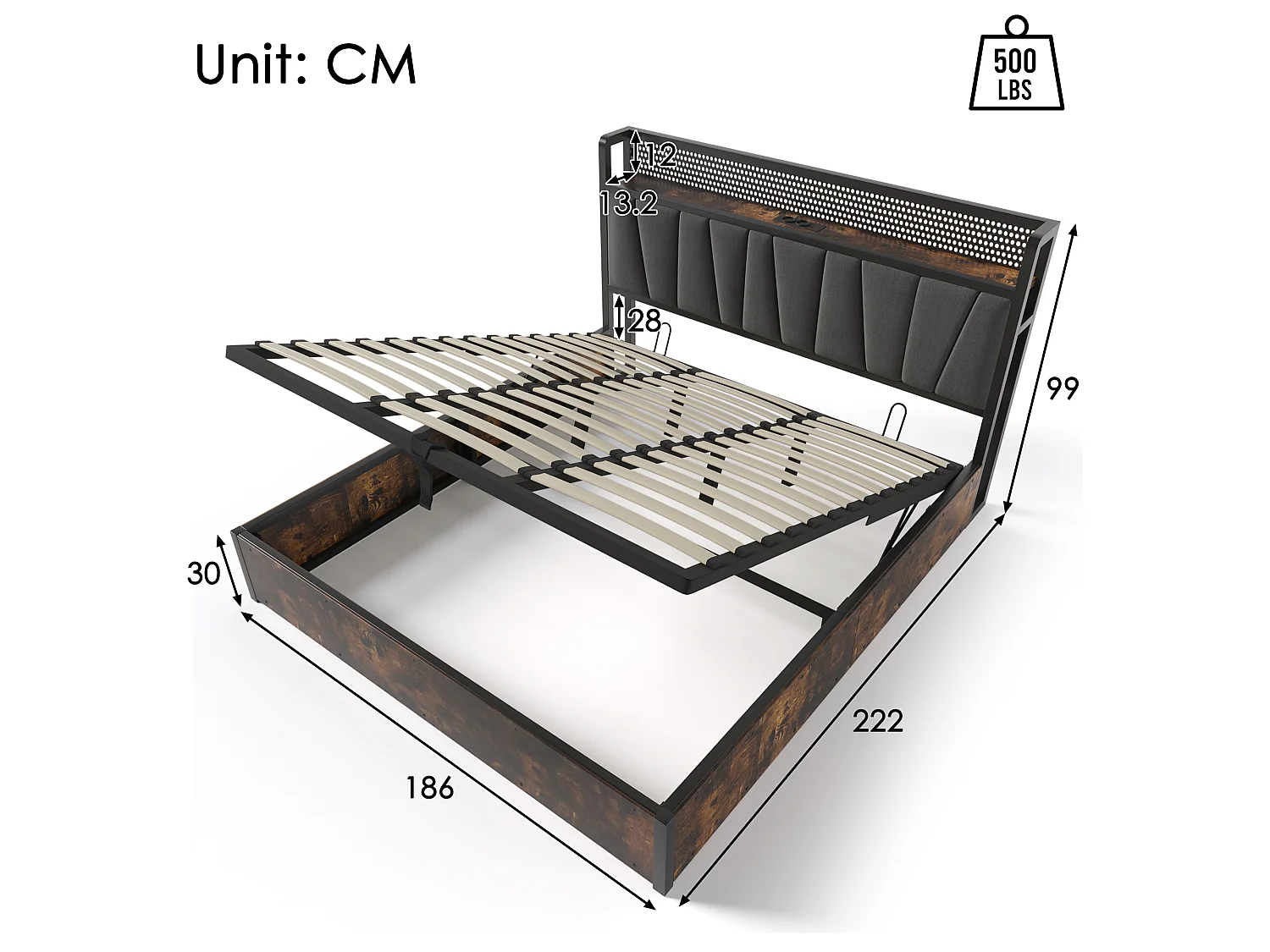 Lit coffre adulte 180 x 200 cm - App Control LEDs  + USB - bois + lin - style industriel - gris
