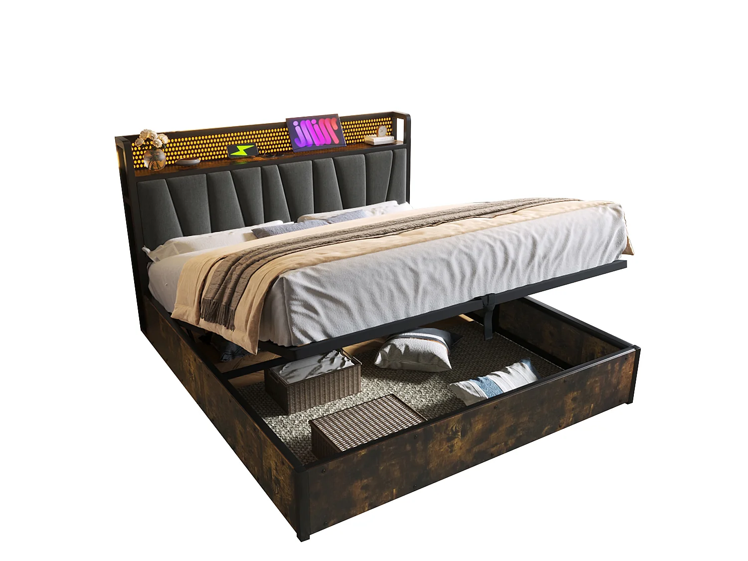 Lit coffre adulte 180 x 200 cm - App Control LEDs  + USB - bois + lin - style industriel - gris