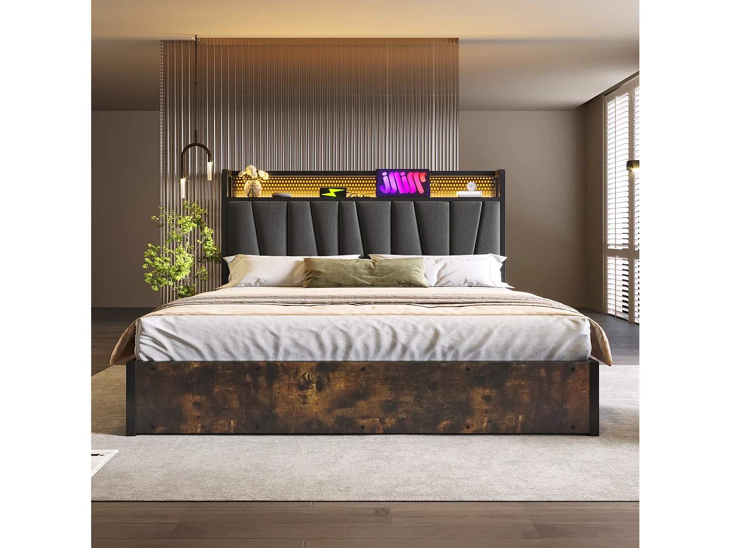 Lit coffre adulte 180 x 200 cm - App Control LEDs  + USB - bois + lin - style industriel - gris