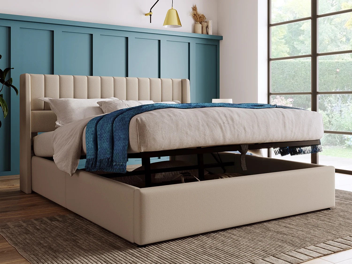 Cama contenedor 140 x 200 cm - tela de lino - somier de láminas - beige