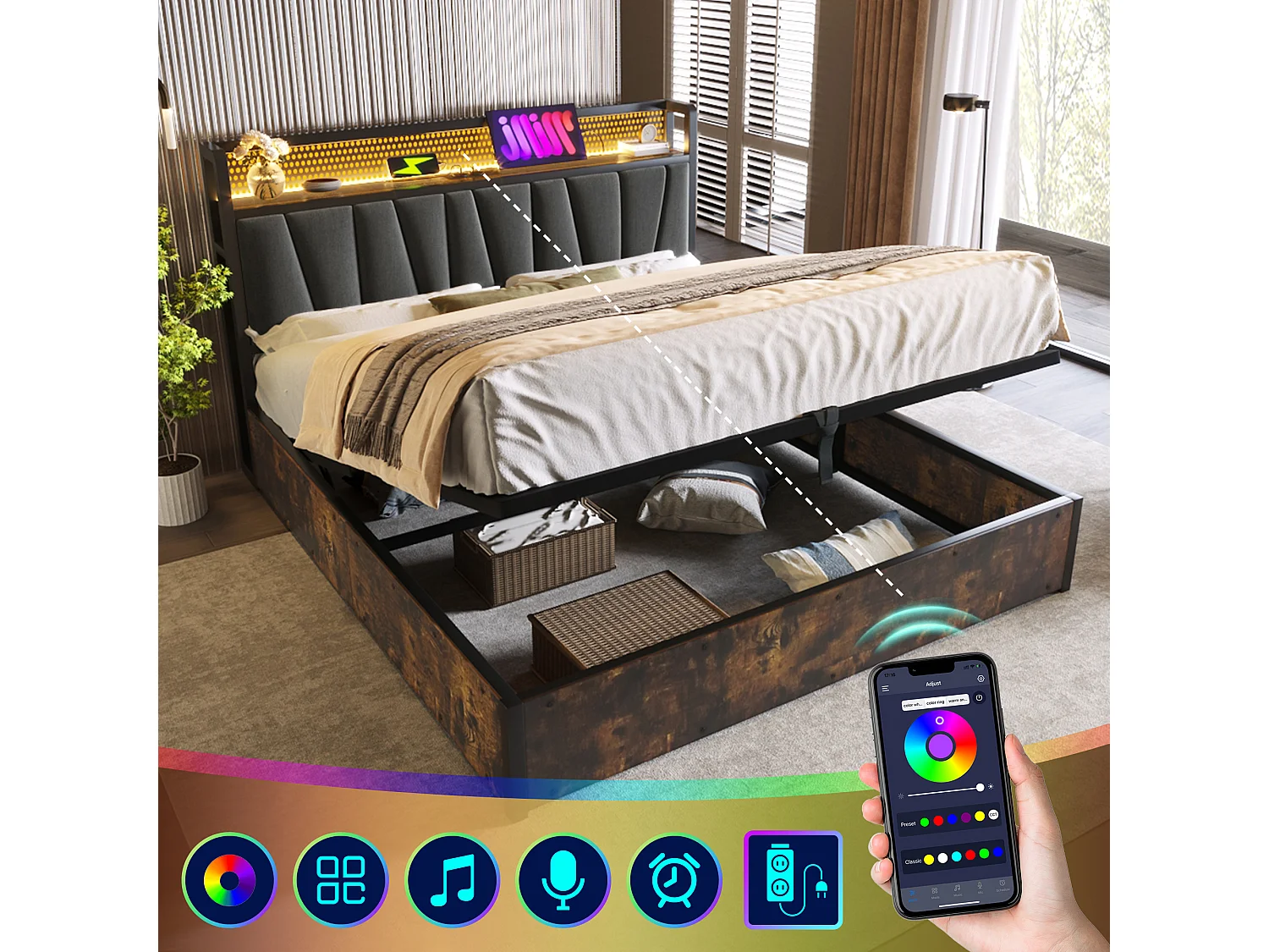 Lit coffre adulte 140 x 200 cm - App Control LEDs  + USB - bois + lin - style industriel - gris