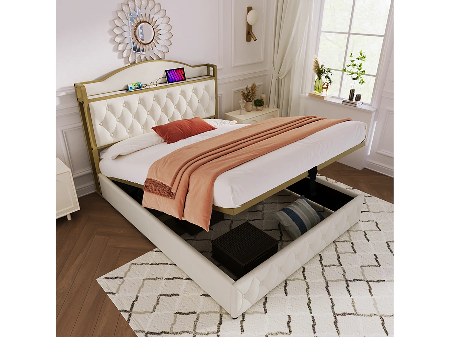 Stauraumbett für Erwachsene 160 x 200 cm – USB + Typ C – Samt + Metall – Hellbeige