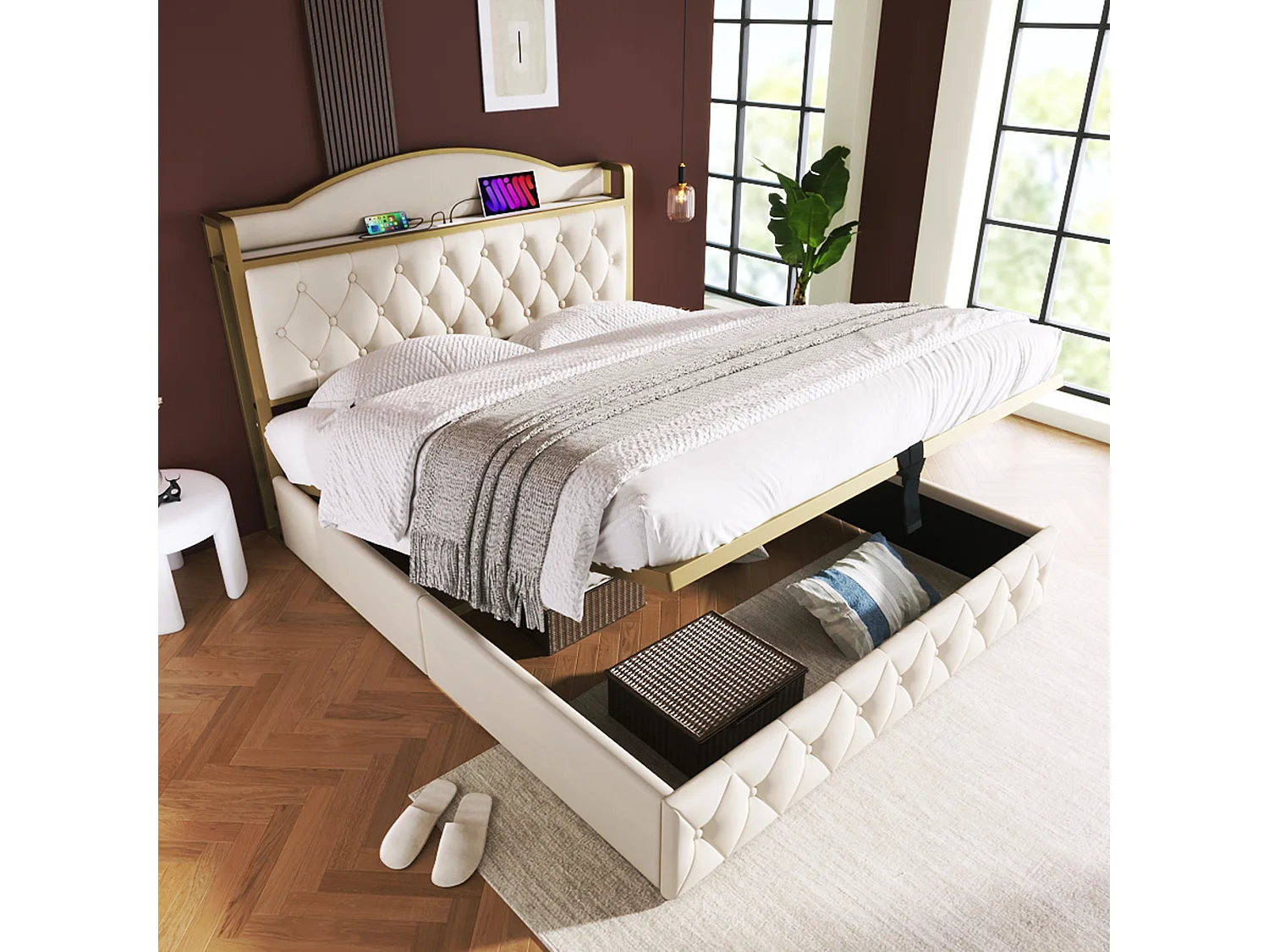 Stauraumbett für Erwachsene 160 x 200 cm – USB + Typ C – Samt + Metall – Hellbeige