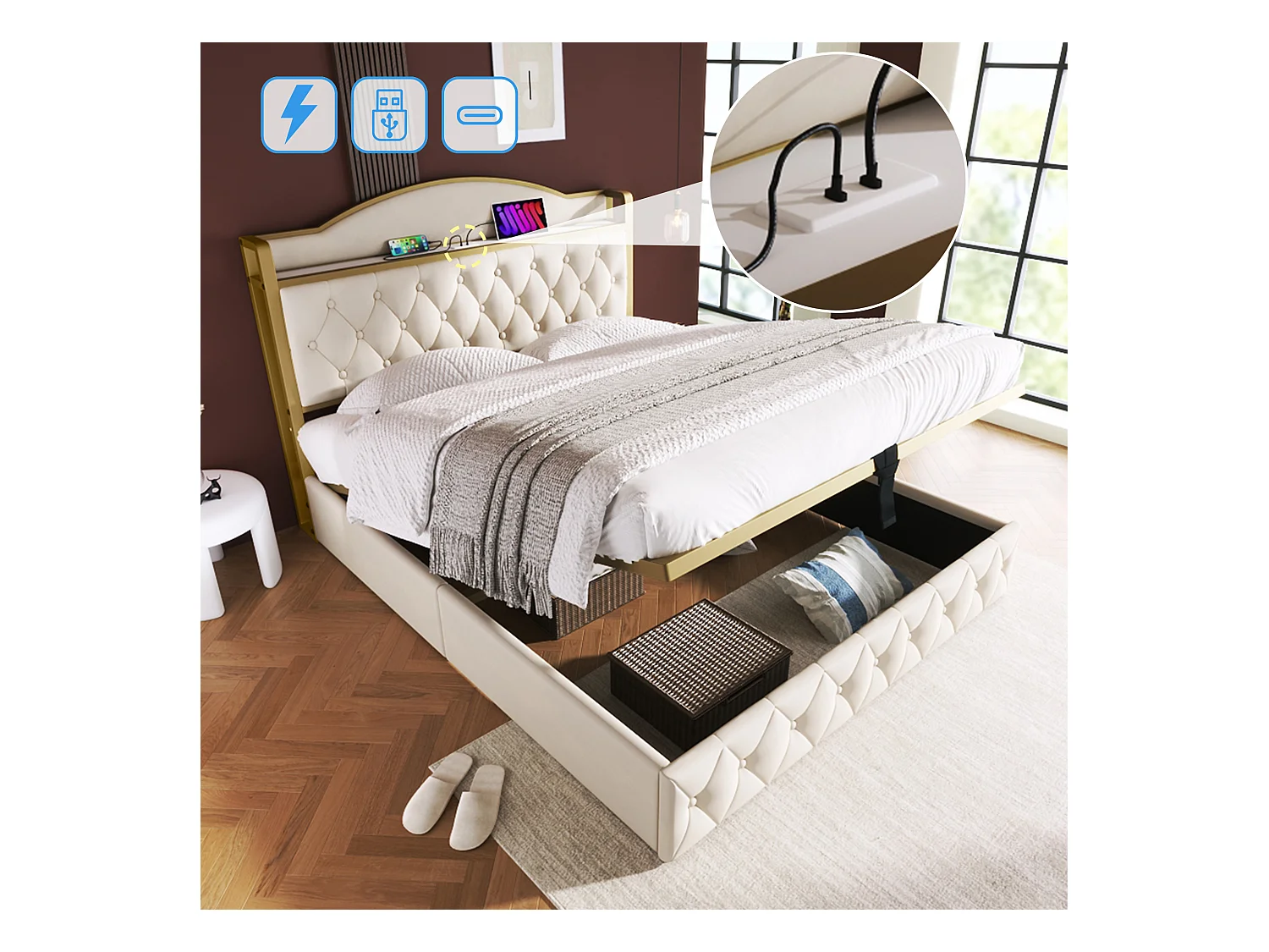 Lit coffre adulte 160 x 200 cm - USB + Type C - velours + métal - beige clair