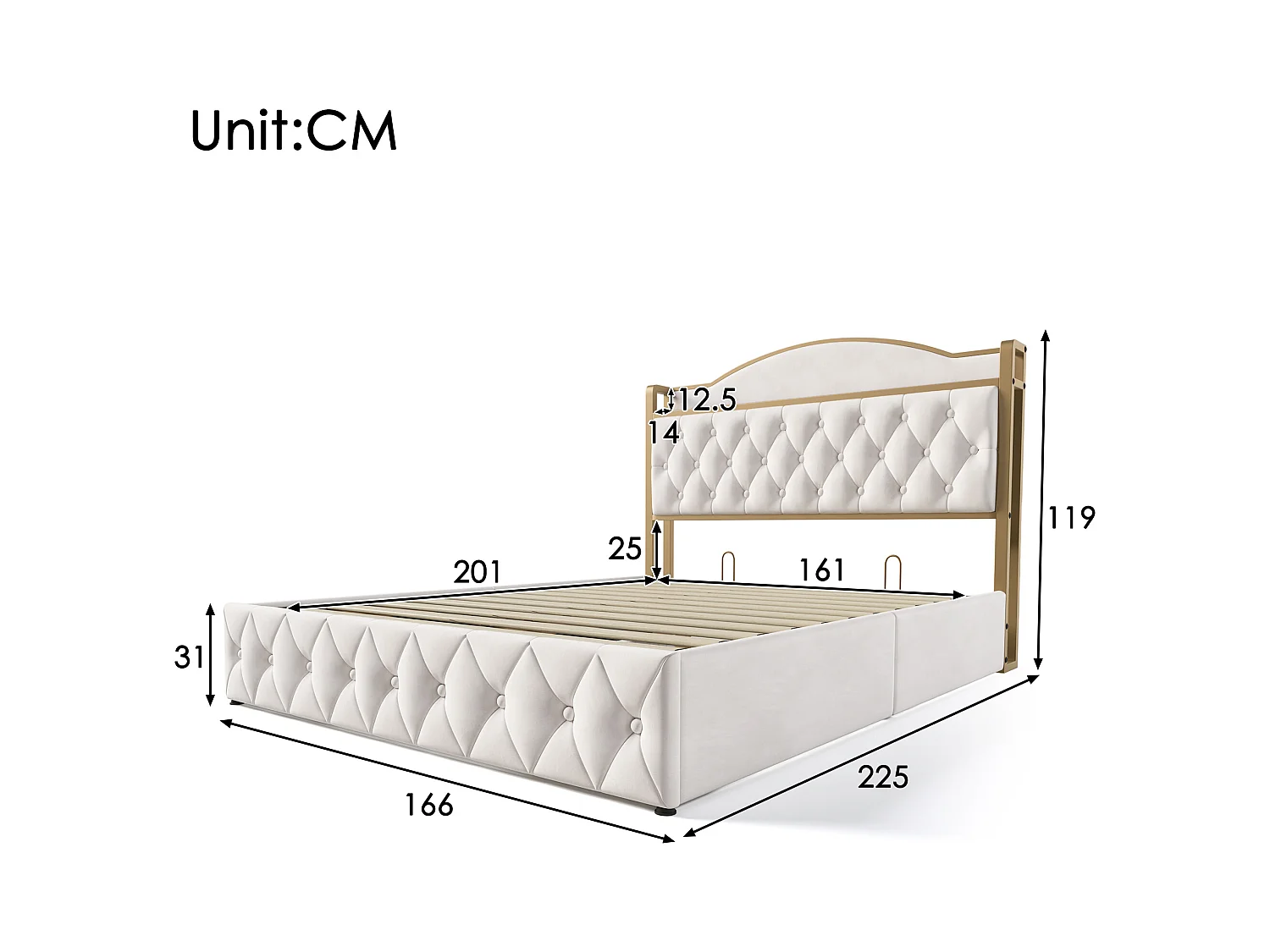 Opbergbed voor volwassenen 160 x 200 cm - USB + Type C - fluweel + metaal - lichtbeige