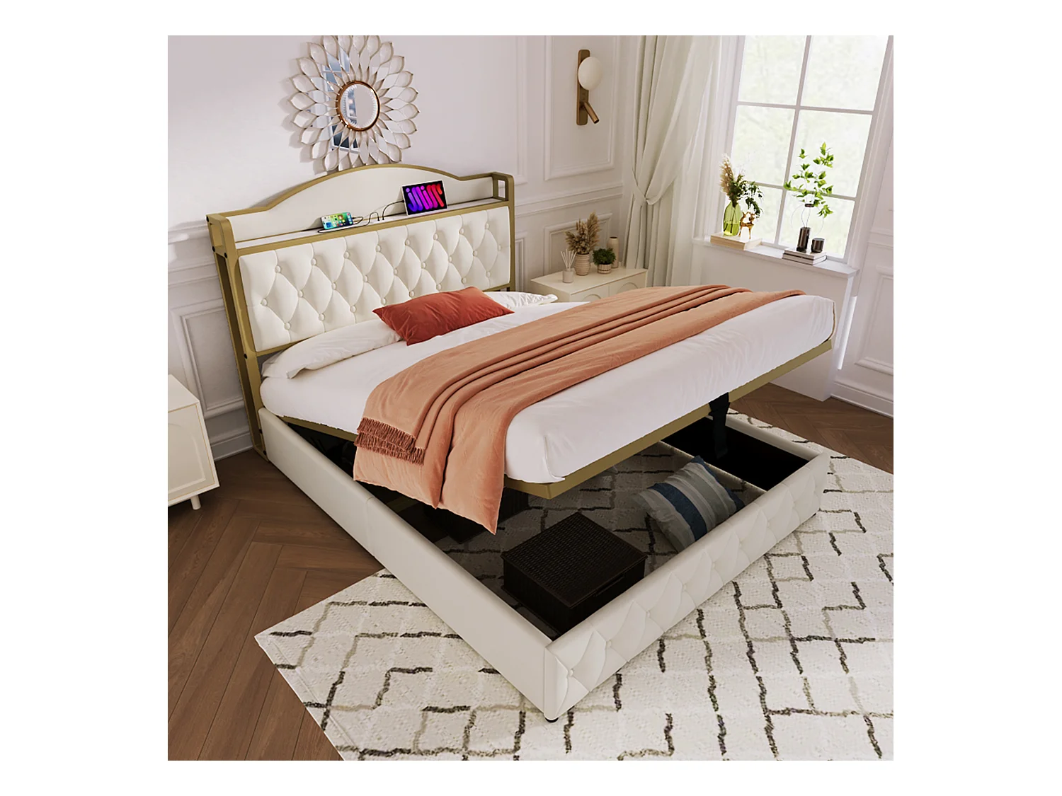 Opbergbed voor volwassenen 160 x 200 cm - USB + Type C - fluweel + metaal - lichtbeige