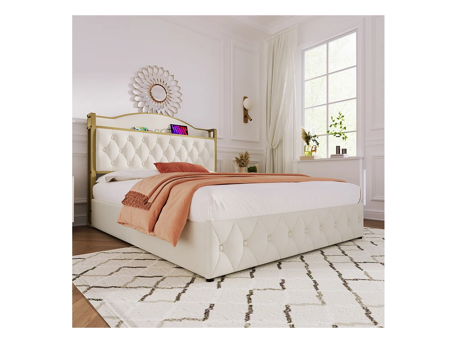 Opbergbed voor volwassenen 160 x 200 cm - USB + Type C - fluweel + metaal - lichtbeige