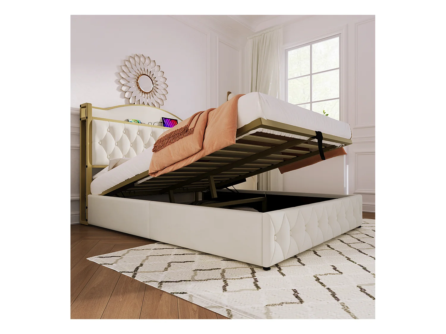 Opbergbed voor volwassenen 160 x 200 cm - USB + Type C - fluweel + metaal - lichtbeige