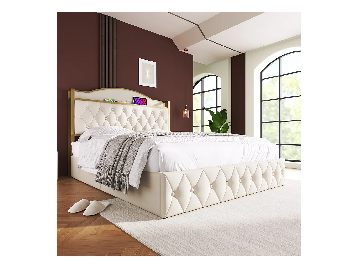 Opbergbed voor volwassenen 160 x 200 cm - USB + Type C - fluweel + metaal - lichtbeige