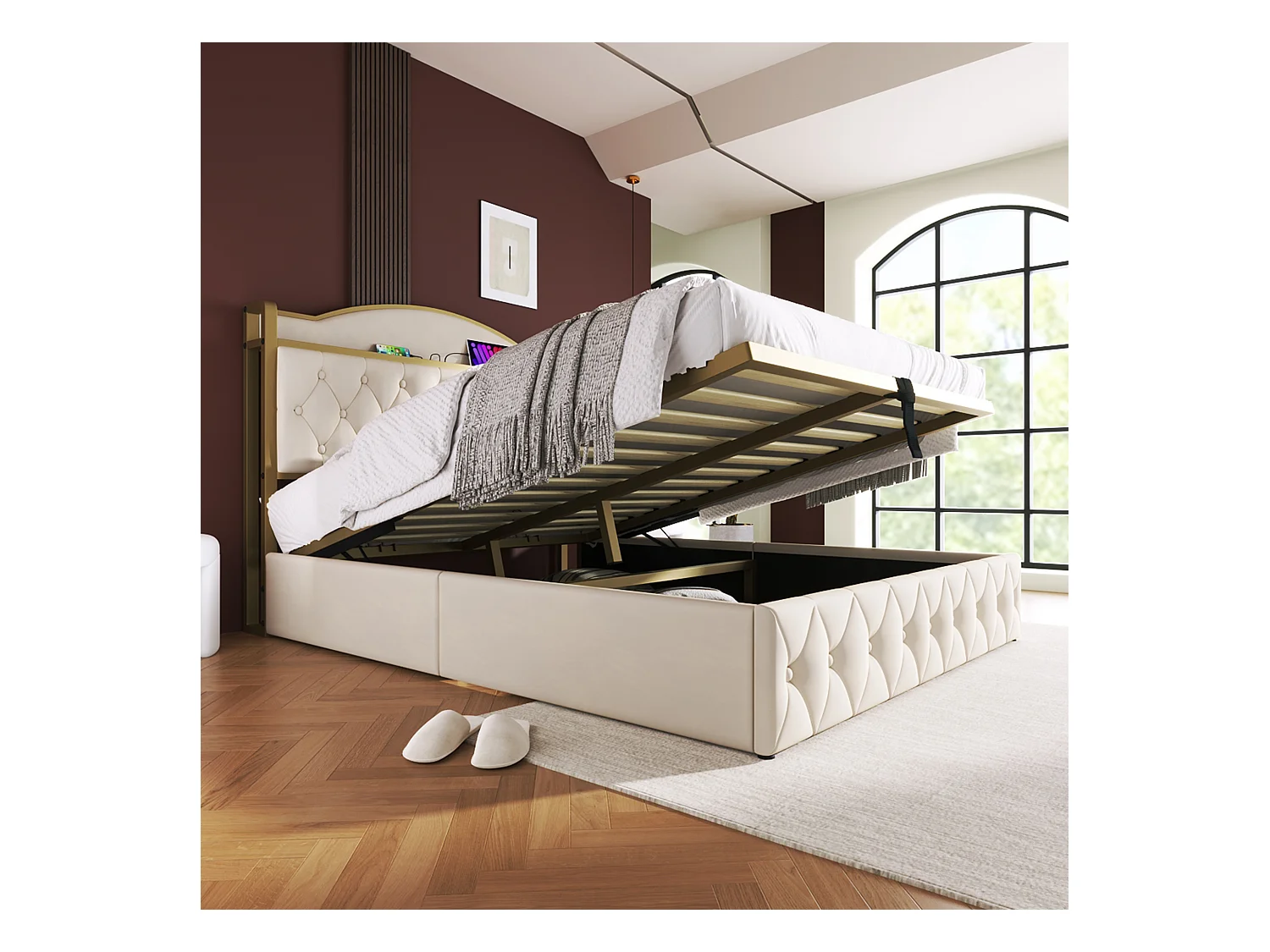 Opbergbed voor volwassenen 160 x 200 cm - USB + Type C - fluweel + metaal - lichtbeige