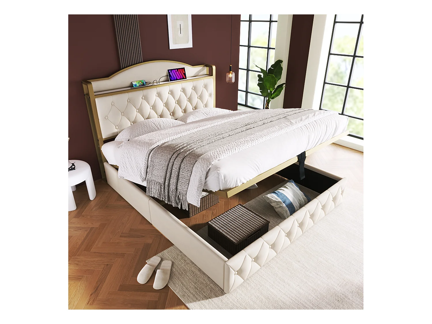 Opbergbed voor volwassenen 160 x 200 cm - USB + Type C - fluweel + metaal - lichtbeige