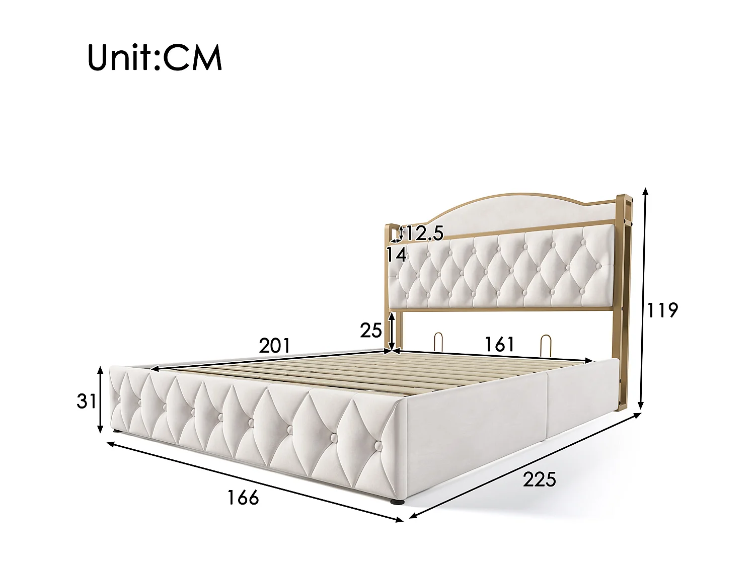 Opbergbed voor volwassenen 160 x 200 cm - USB + Type C - fluweel + metaal - lichtbeige