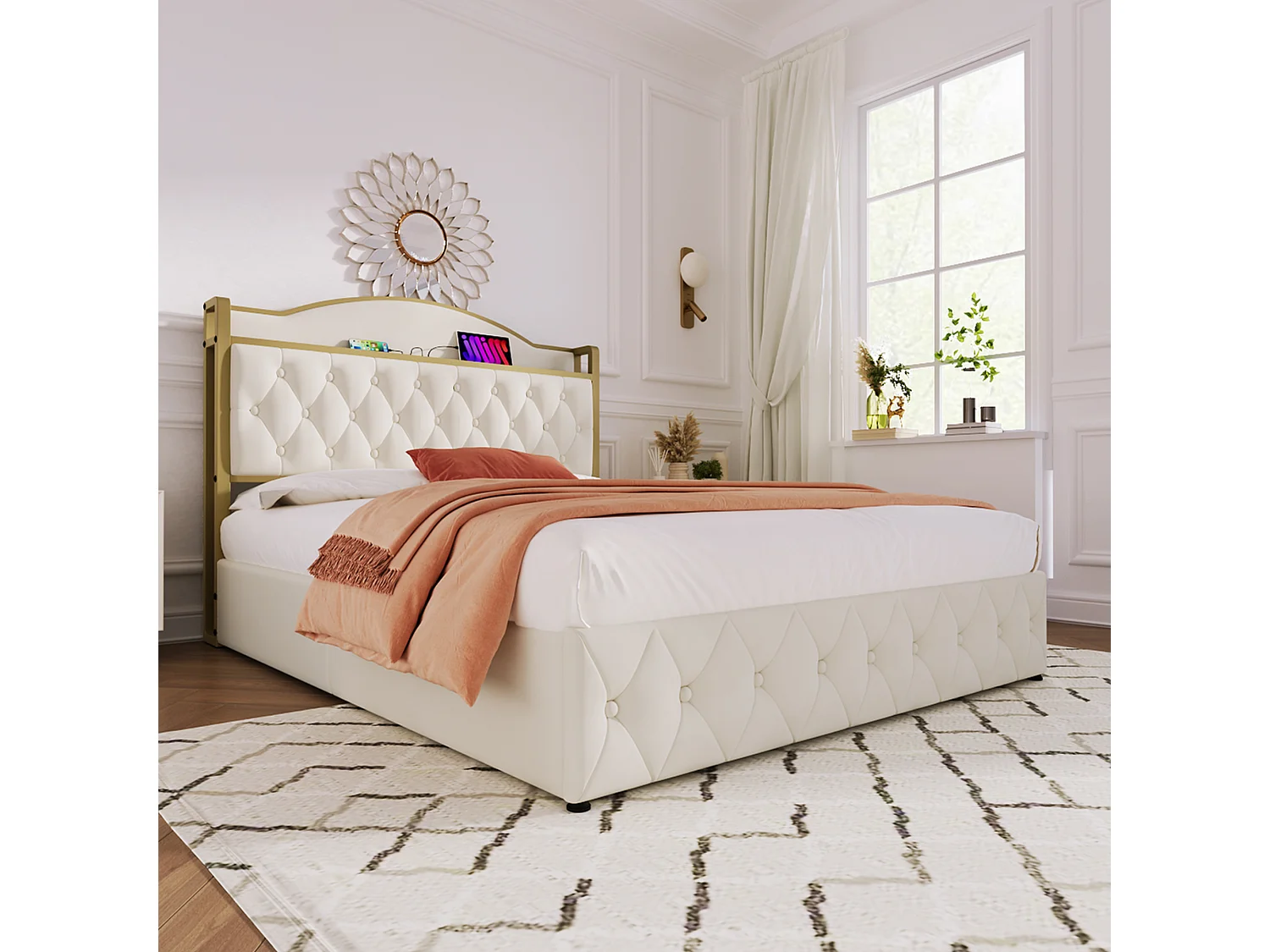 Opbergbed voor volwassenen 160 x 200 cm - USB + Type C - fluweel + metaal - lichtbeige