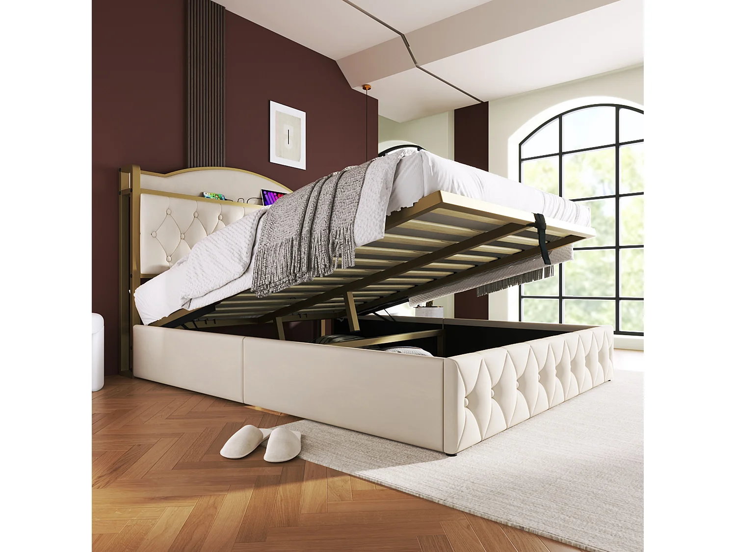 Opbergbed voor volwassenen 160 x 200 cm - USB + Type C - fluweel + metaal - lichtbeige