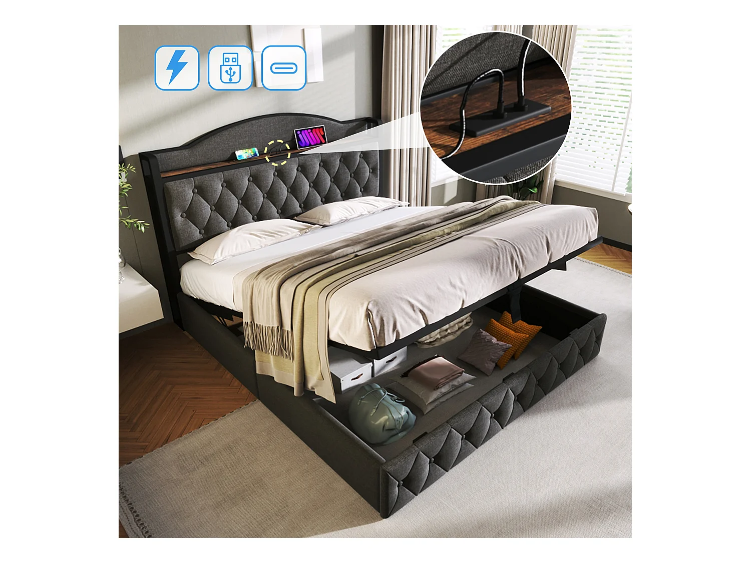 Lit coffre adulte 160 x 200 cm - USB + Type C - lin + métal - gris