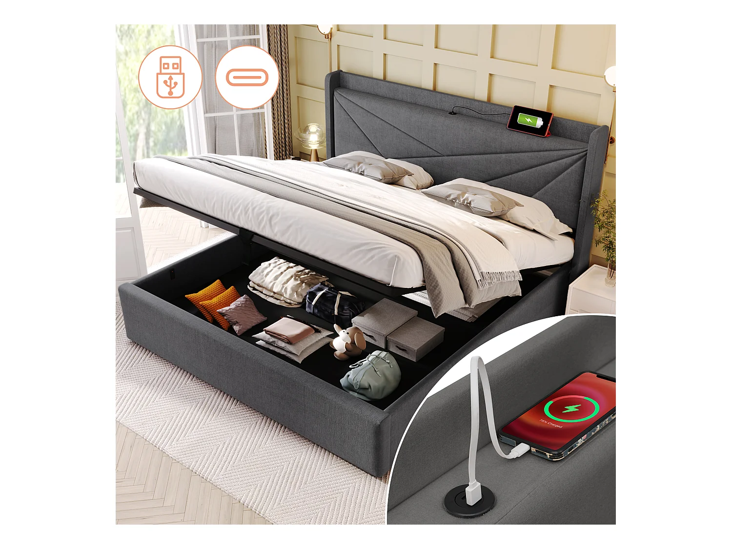Lit coffre 180 x 200 cm avec tête de lit - USB + type C - tissu en lin - gris