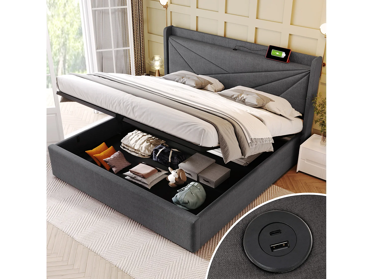 Lit coffre 180 x 200 cm avec tête de lit - USB + type C - tissu en lin - gris