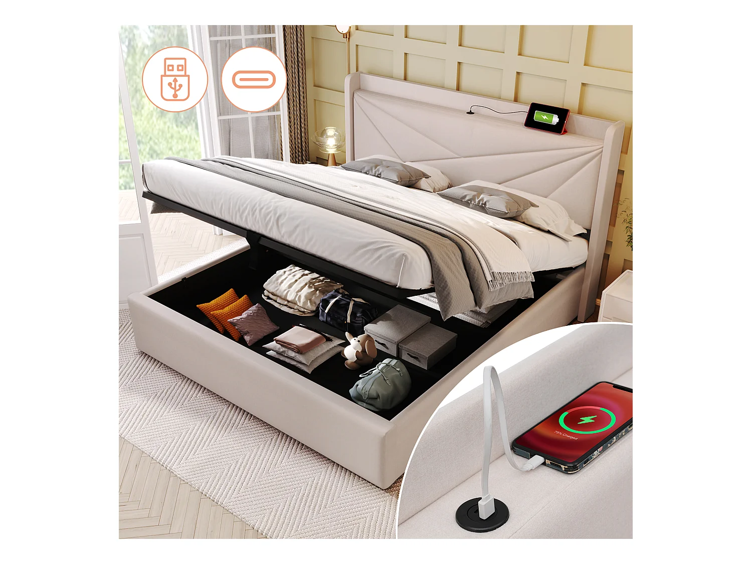 Lit coffre 180 x 200 cm - USB + type C - tissu en lin - beige