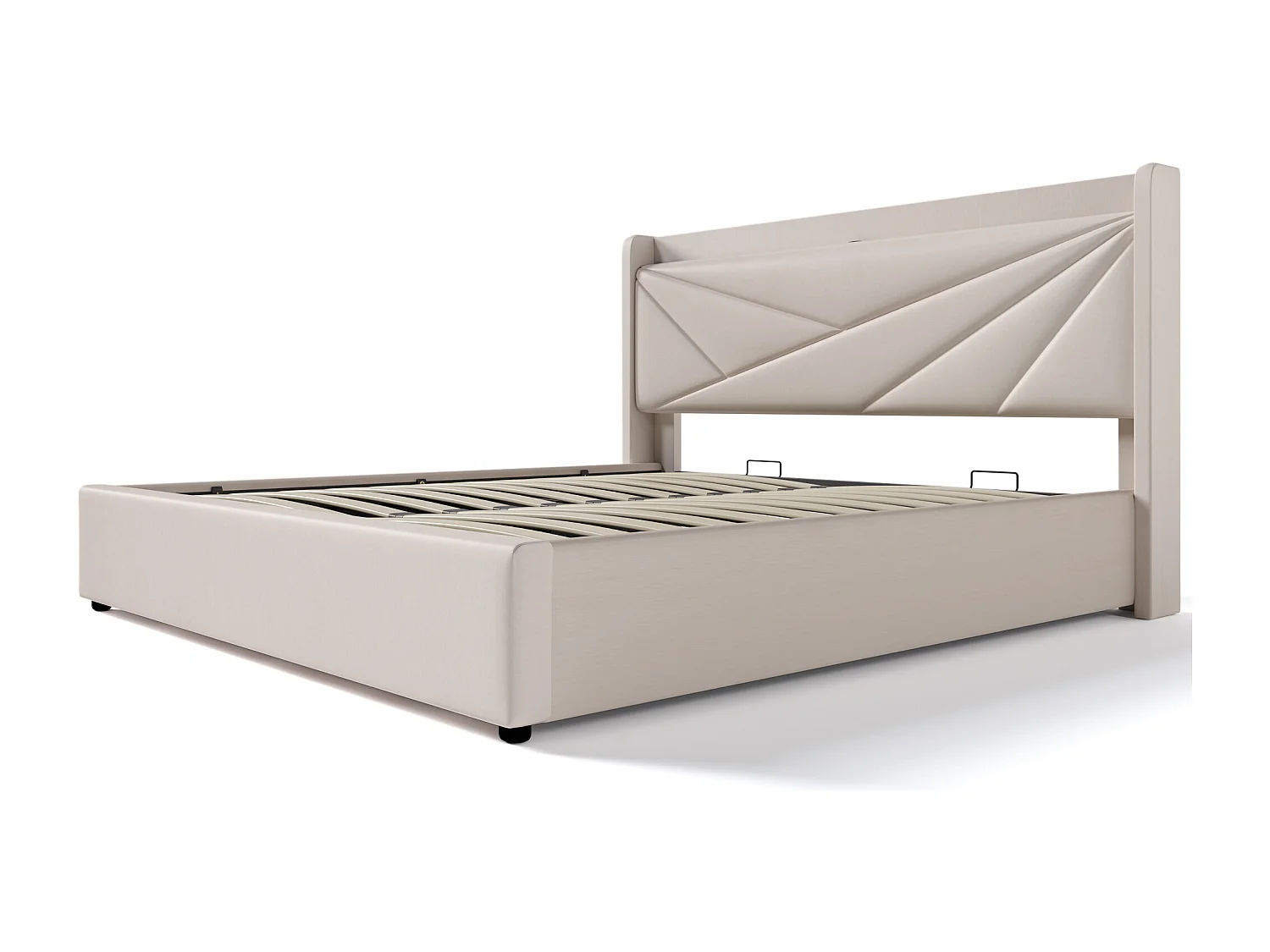 Lit coffre 180 x 200 cm - USB + type C - tissu en lin - beige