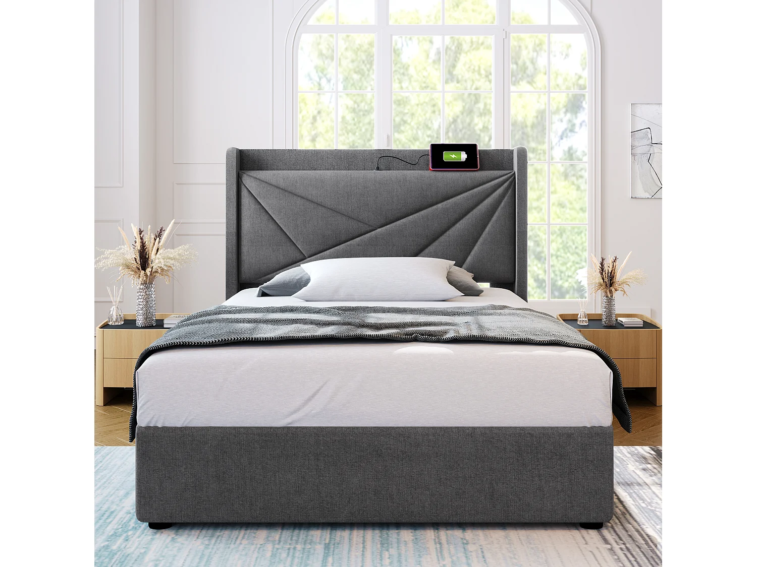 Cama de armazenamento 90 x 200 cm com cabeceira - USB + tipo C - tecido de linho - cinza