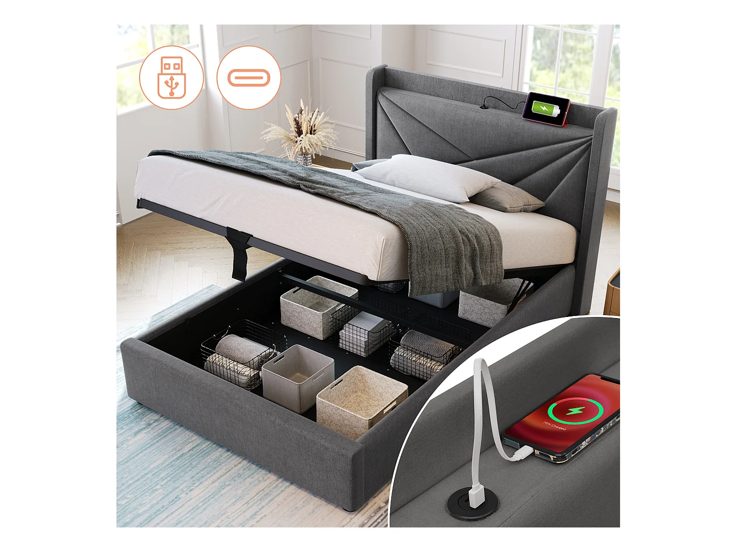 Lit coffre 90 x 200 cm avec tête de lit - USB + type C - tissu en lin - gris