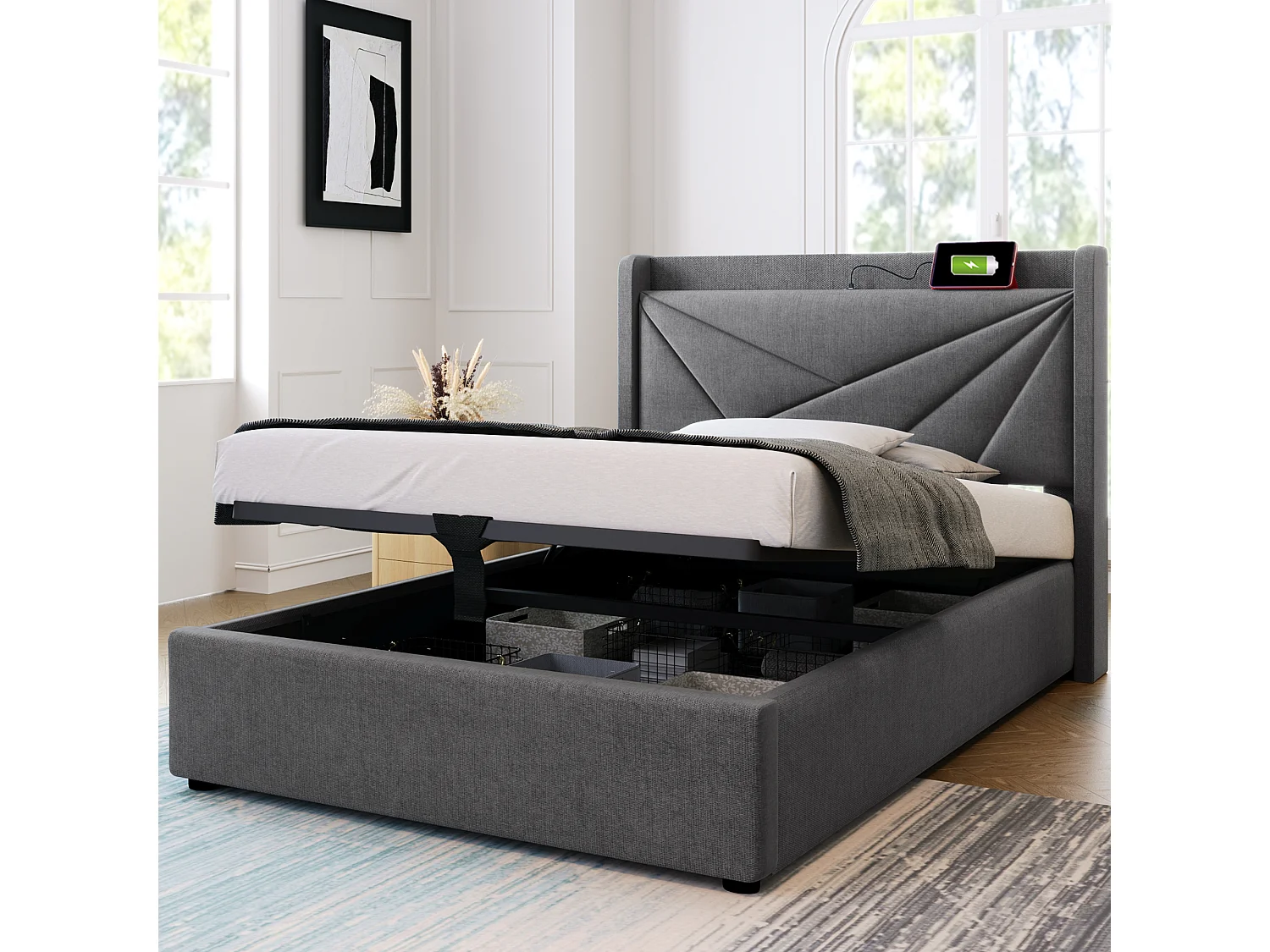 Lit coffre 90 x 200 cm avec tête de lit - USB + type C - tissu en lin - gris