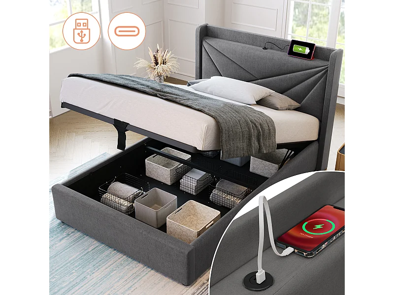 Lit coffre 90 x 200 cm avec tête de lit - USB + type C - tissu en lin - gris
