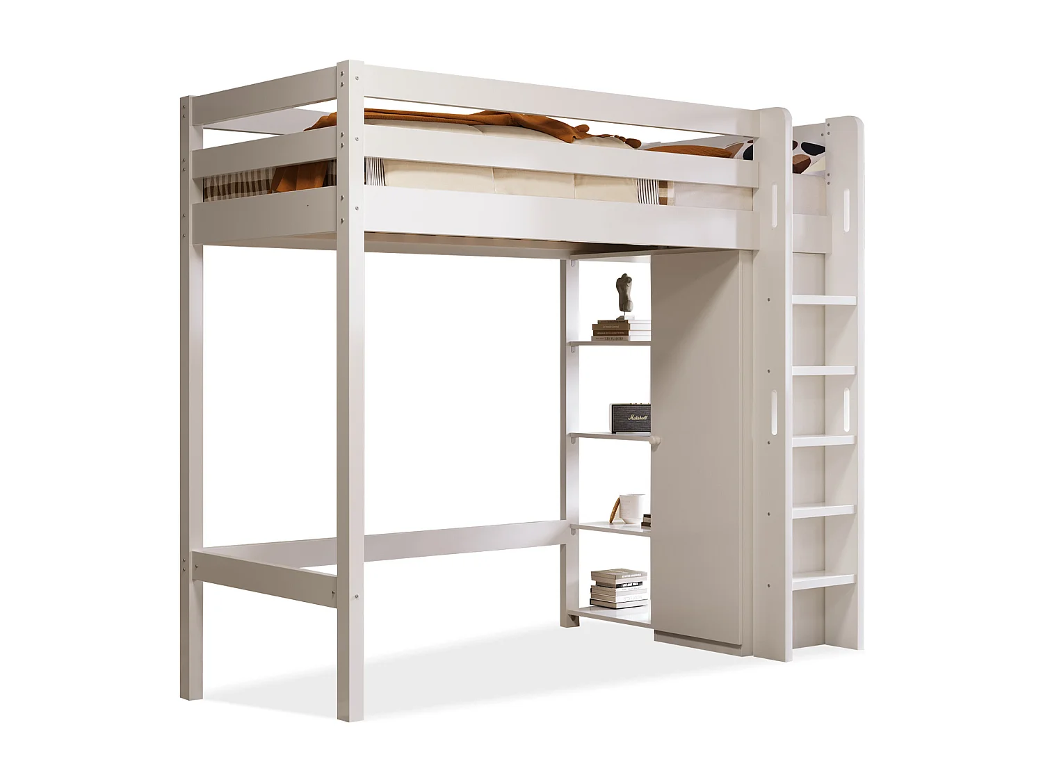 Letto a soppalco 90 x 200 cm con armadio e 6 ripiani - legno massello + MDF - bianco