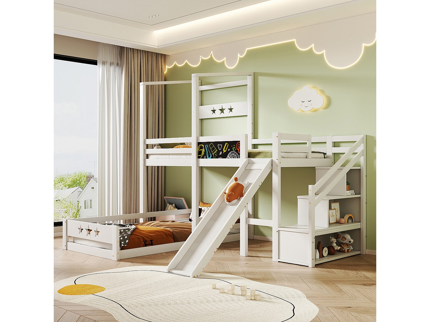 Homestyle4u Lit Mezzanine Avec Toboggan Et Rideau (90 X 200 Cm