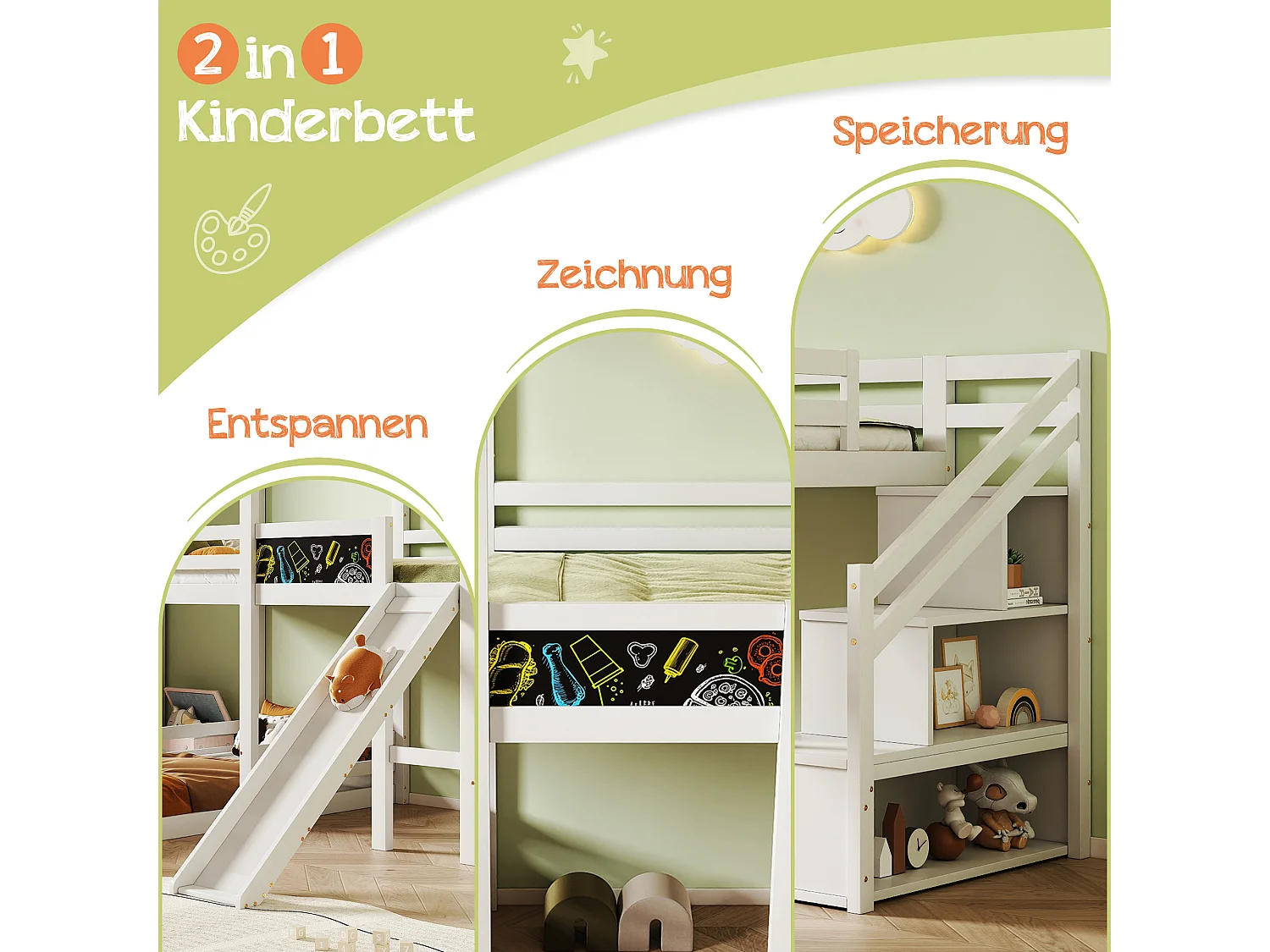 Lit mezzanine 2 x 90 x 200 cm avec échelle + toboggan - 3 étagères de rangement - blanc