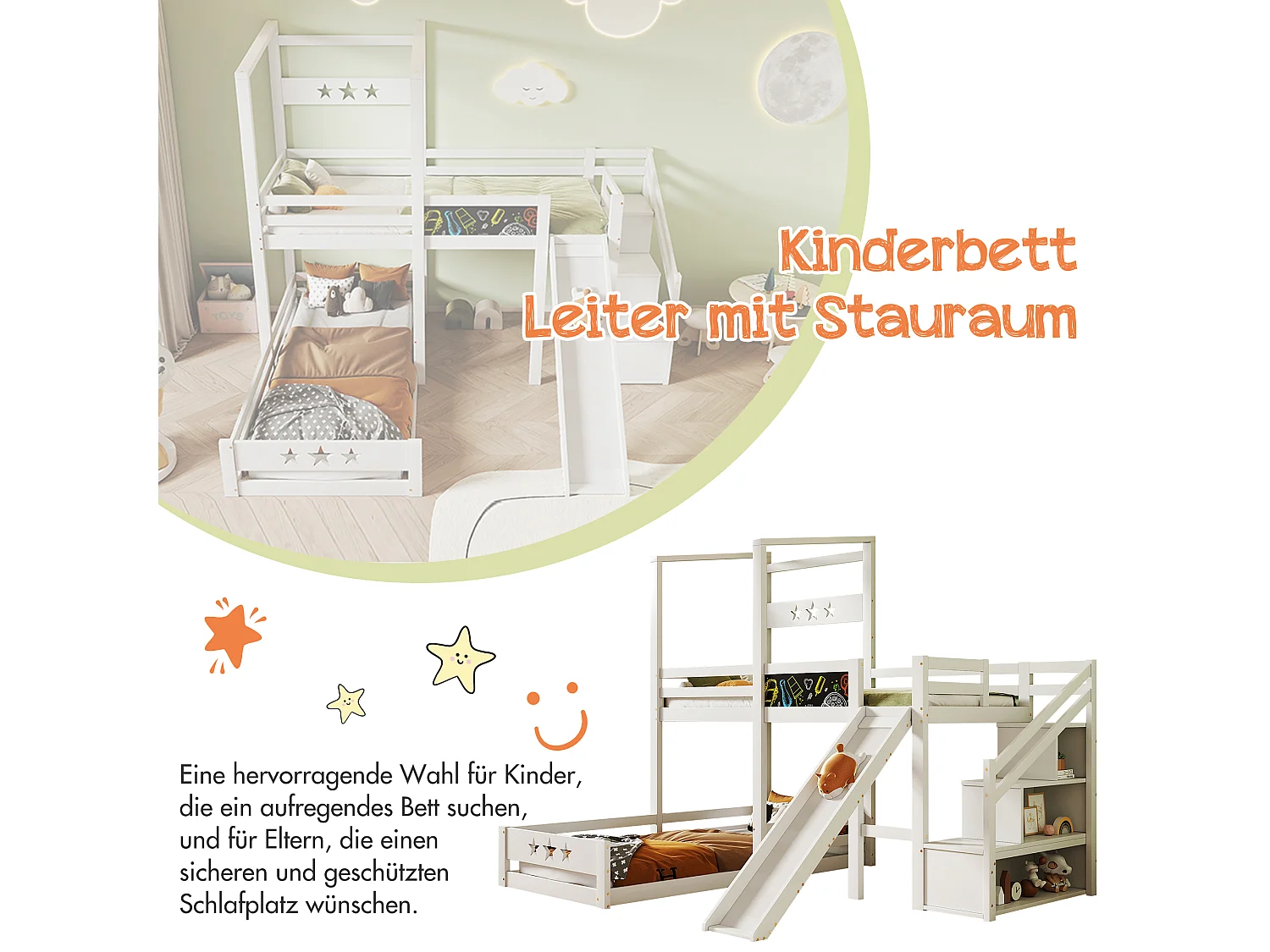 Lit mezzanine 2 x 90 x 200 cm avec échelle + toboggan - 3 étagères de rangement - blanc