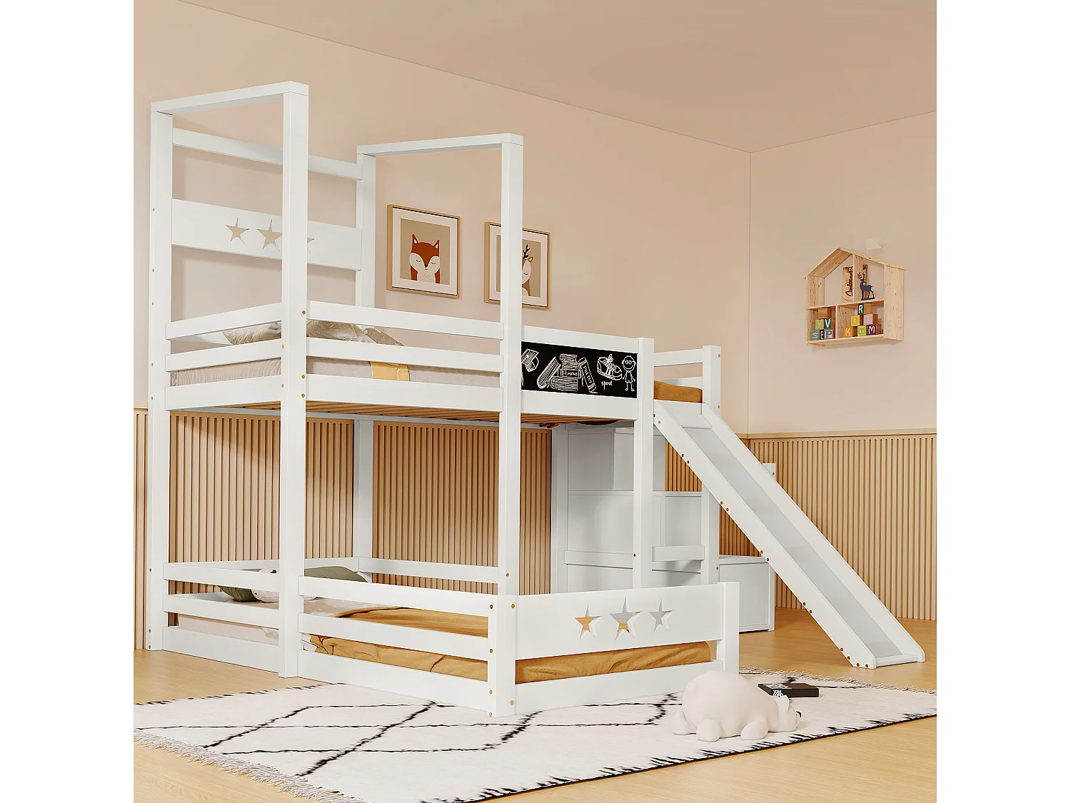 Lit mezzanine 2 x 90 x 200 cm avec échelle + toboggan - 3 étagères de rangement - blanc