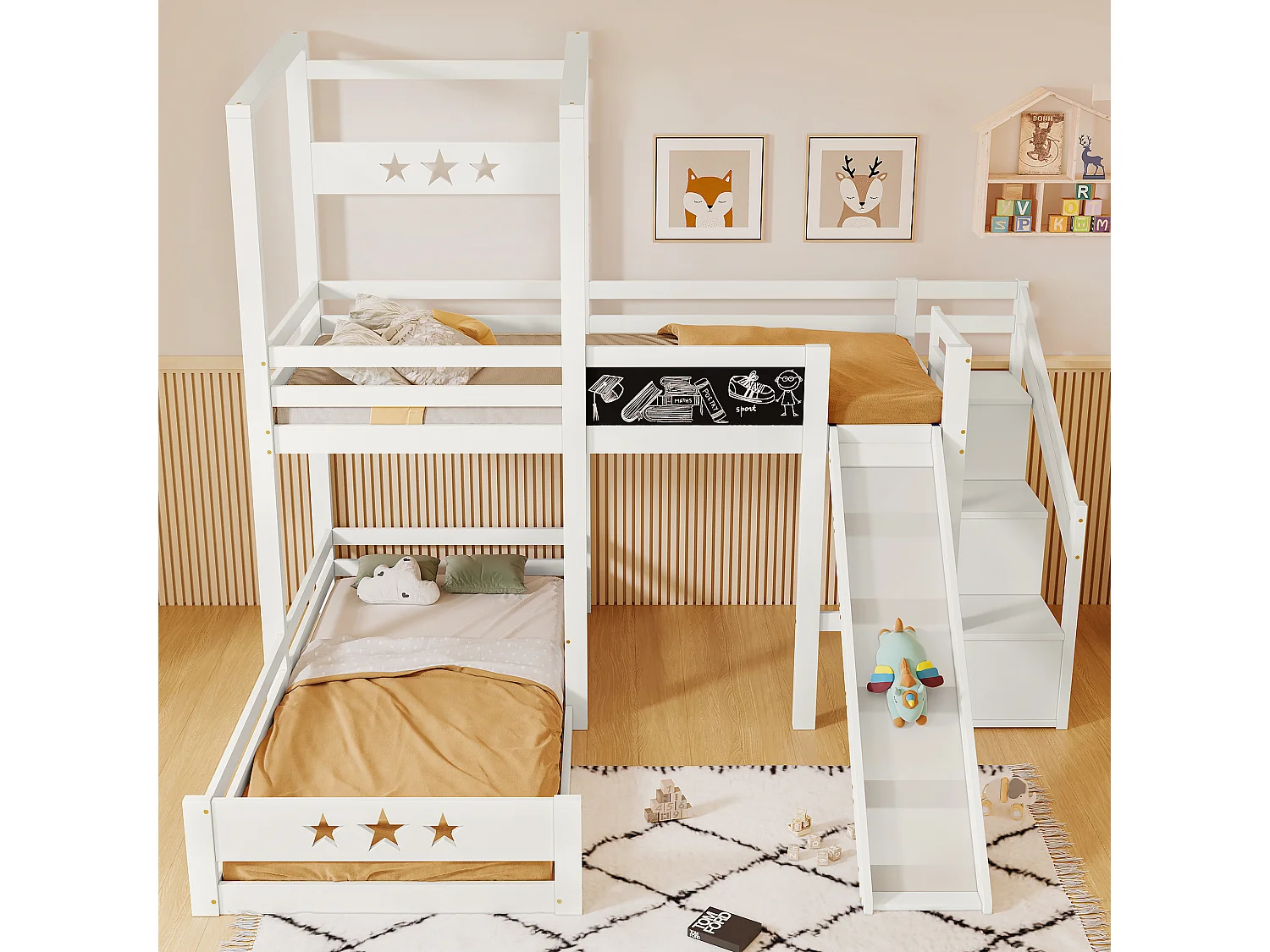 Lit mezzanine 2 x 90 x 200 cm avec échelle + toboggan - 3 étagères de rangement - blanc