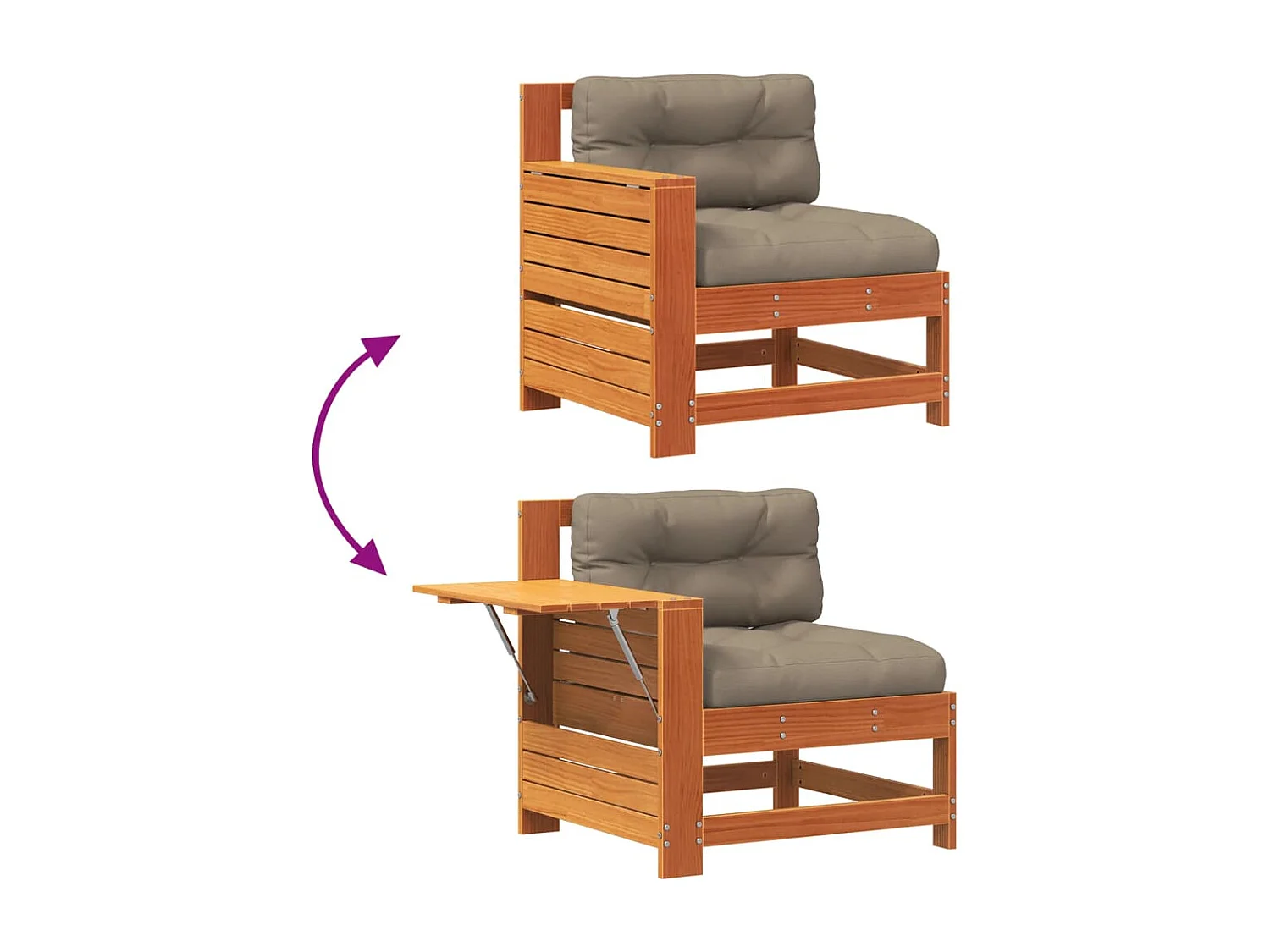 Canapé de jardin accoudoir coussins cire marron bois pin massif