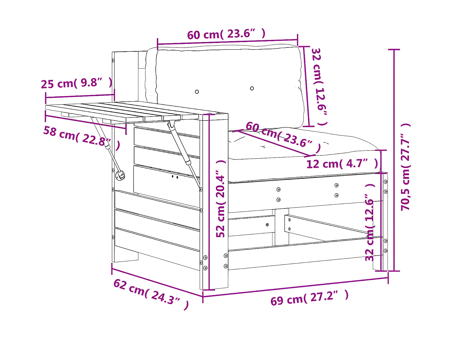 Canapé de jardin accoudoir avec coussin bois de pin imprégné