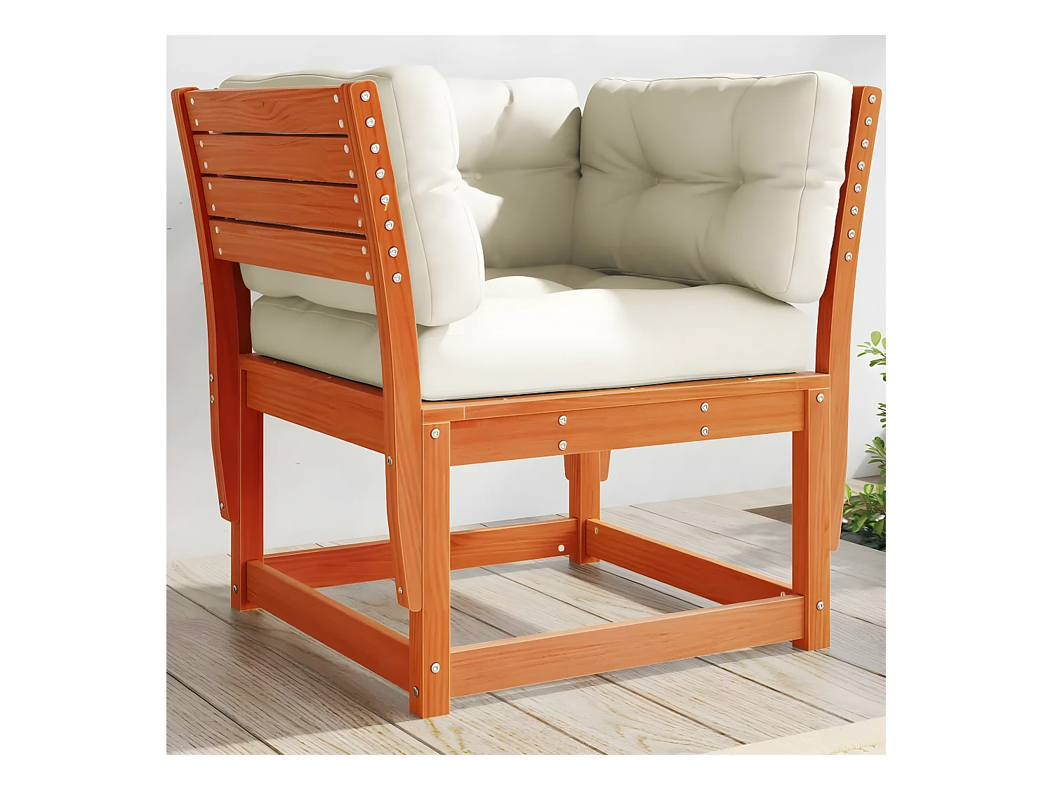 Gartensofa mit Armlehnen und Kissen aus massivem braunem Wachskiefernholz