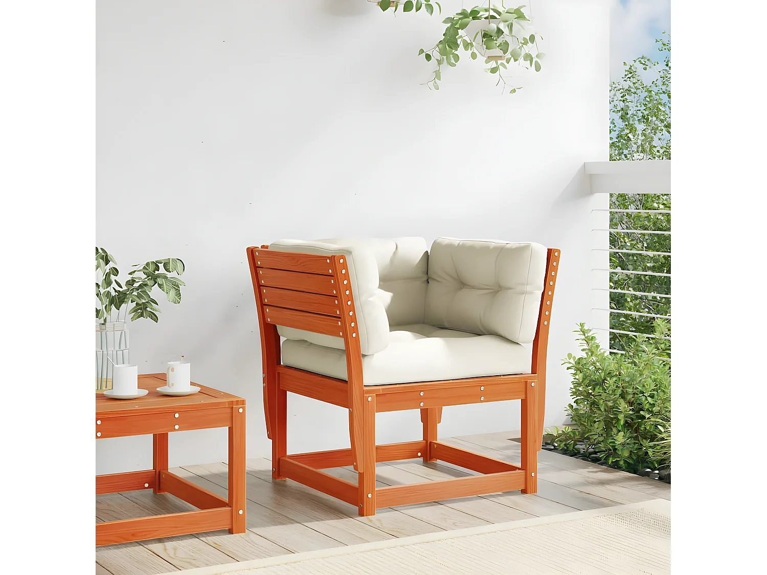 Gartensofa mit Armlehnen und Kissen aus massivem braunem Wachskiefernholz