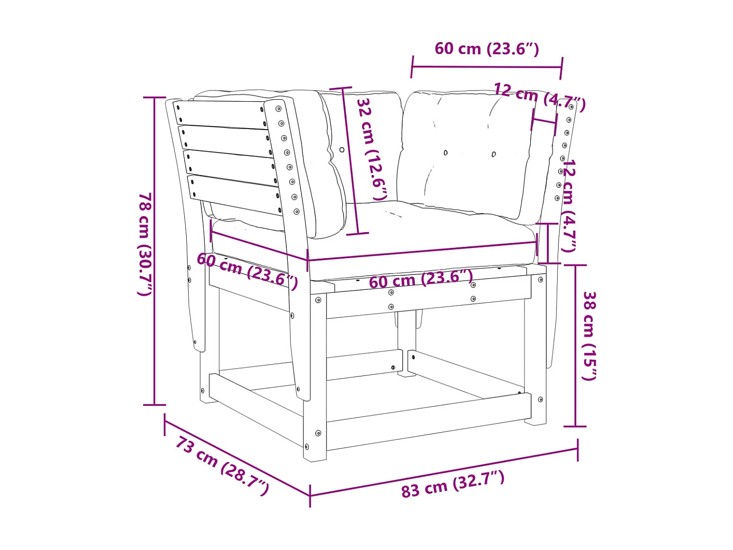 Gartensofa mit Armlehnen und Kissen aus massivem braunem Wachskiefernholz