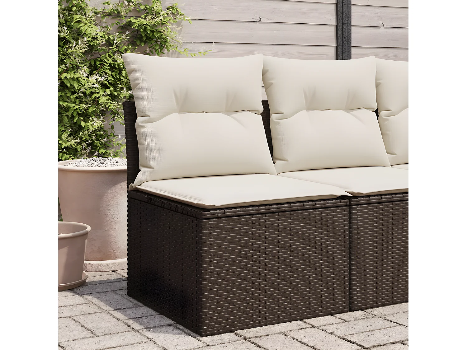 Canapé de jardin sans accoudoirs coussins brun résine tressée