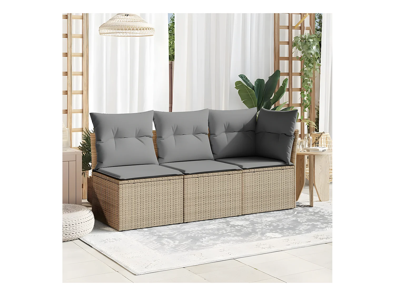 Canapé de jardin sans accoudoirs coussins beige résine tressée