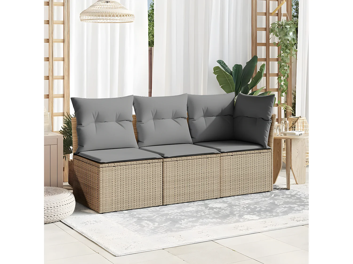 Canapé de jardin sans accoudoirs coussins beige résine tressée