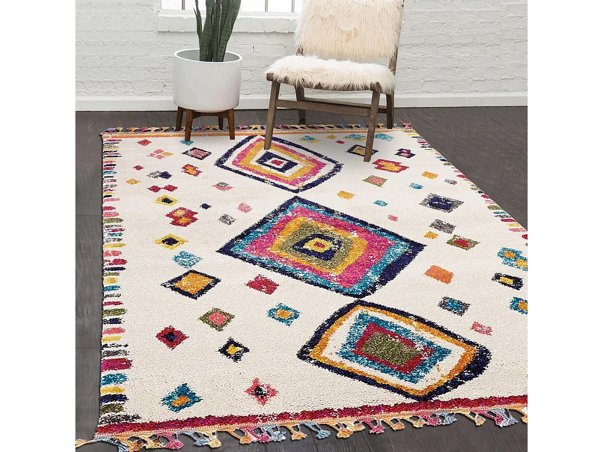 Tapis berbère 160x230 tissé motif ethnic LYN5 OURIKA ivoire