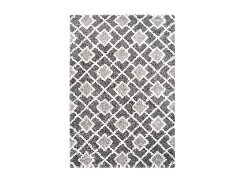 Tapis longs poils shaggy 80x150 rectangle tissé gris et blanc motif scandinave