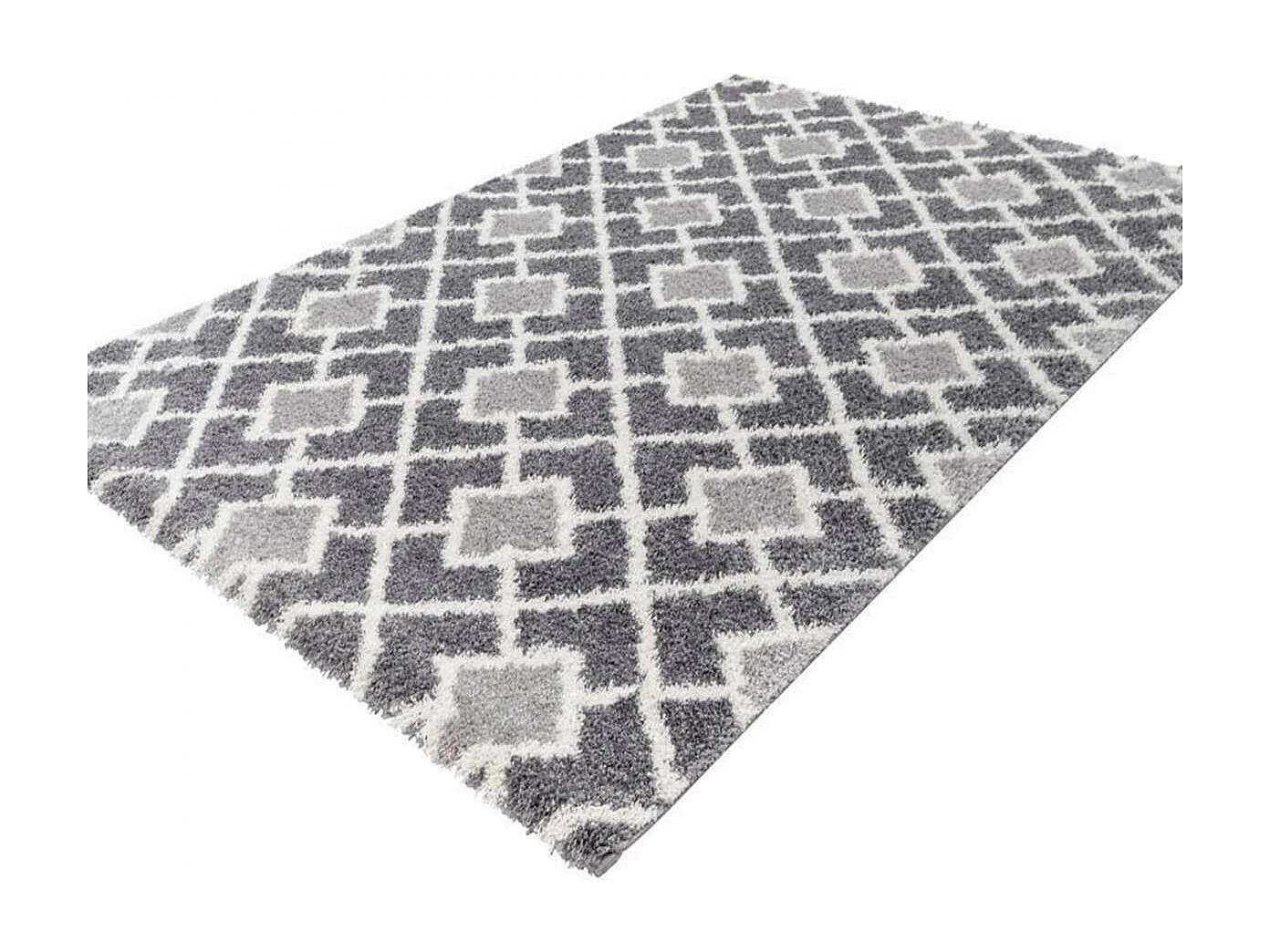 Tapis longs poils shaggy 80x150 rectangle tissé gris et blanc motif scandinave