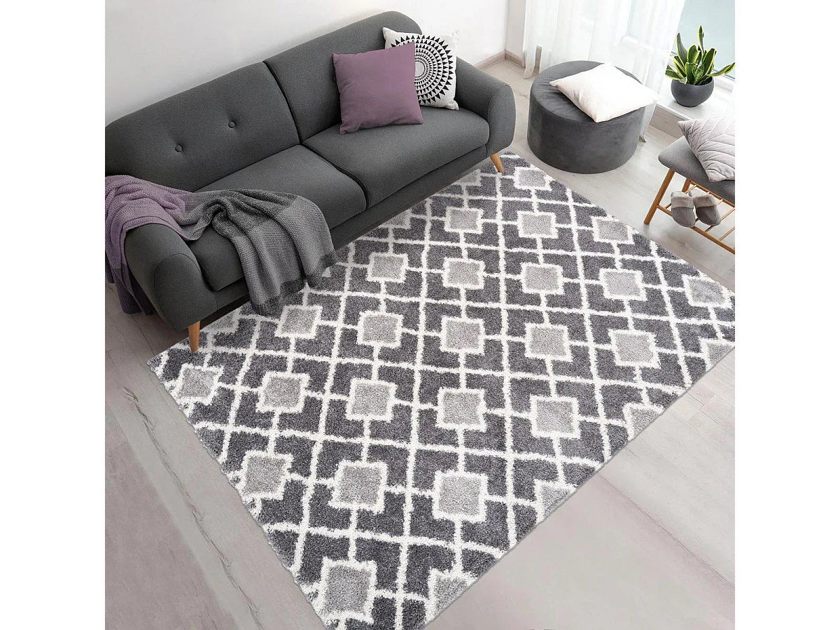 Tapis longs poils shaggy 80x150 rectangle tissé gris et blanc motif scandinave