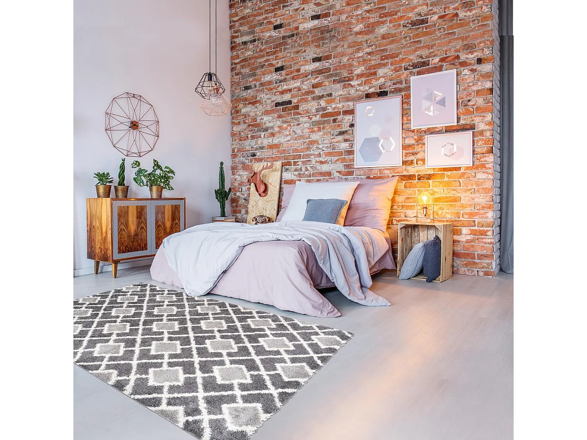 Tappeto Shaggy a pelo lungo 80x150 rettangolo intrecciato modello scandinavo grigio e bianco