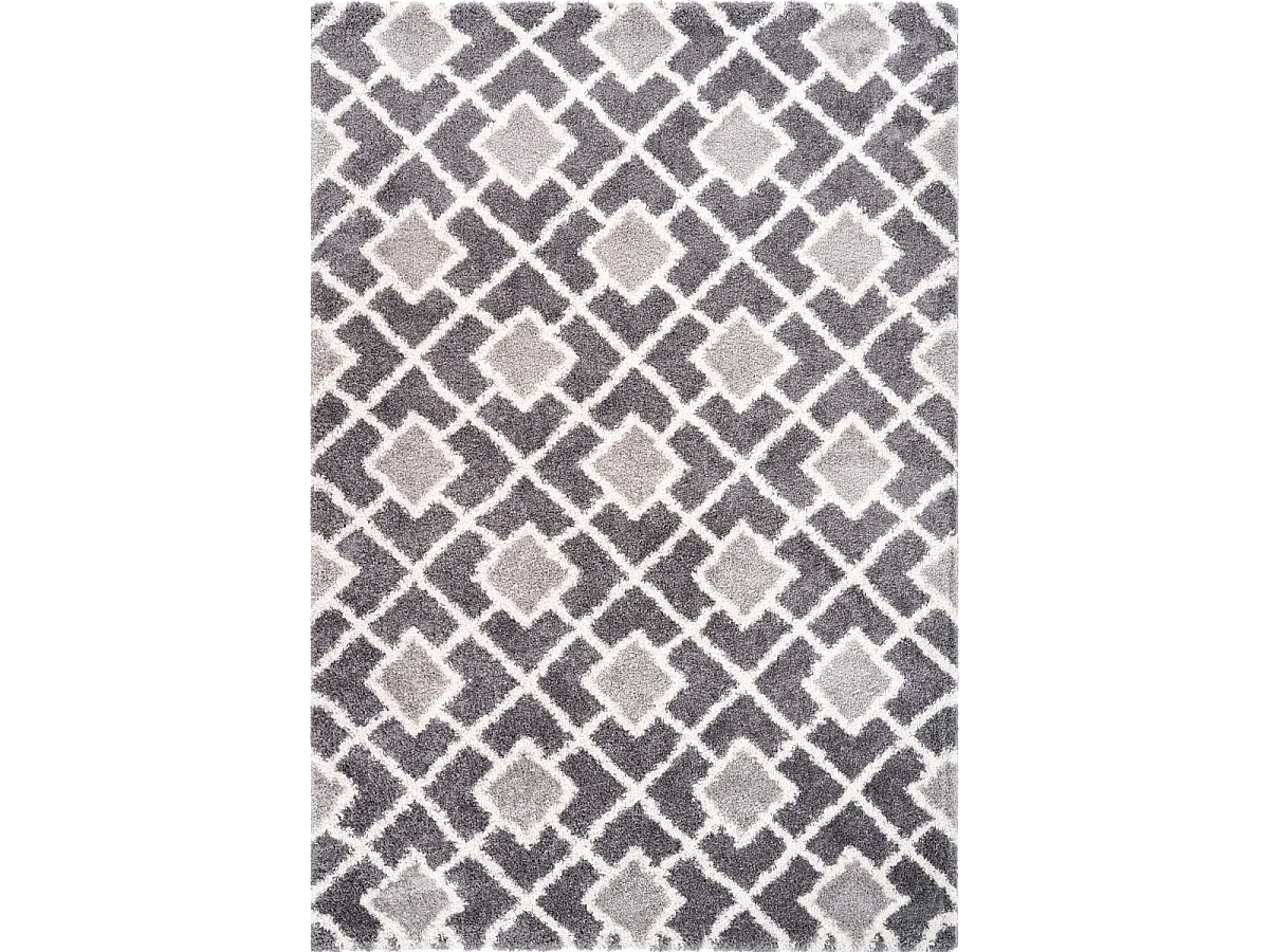 Tapis longs poils shaggy 80x150 rectangle tissé gris et blanc motif scandinave