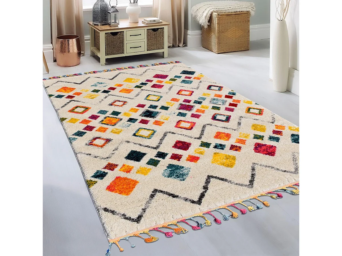 tapis berbère  200x290 tissé crème et jaune LYN5 OURIKA