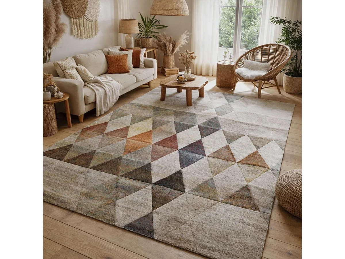 tapis salle à manger 200x290 tissé beige rectangle motif géométrique LYN8 BELO 19